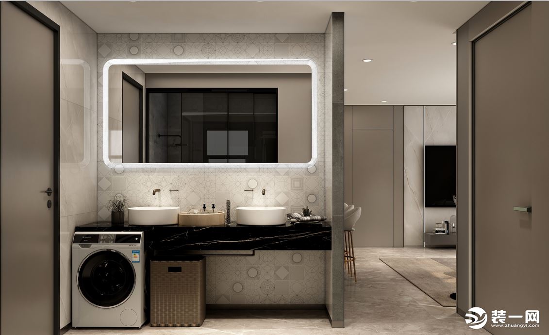 卫生间干湿分离  白色岩板大理石台面搭配圆形的洗手盆  集美观、质感、优雅于一体  低调奢华的隔断门