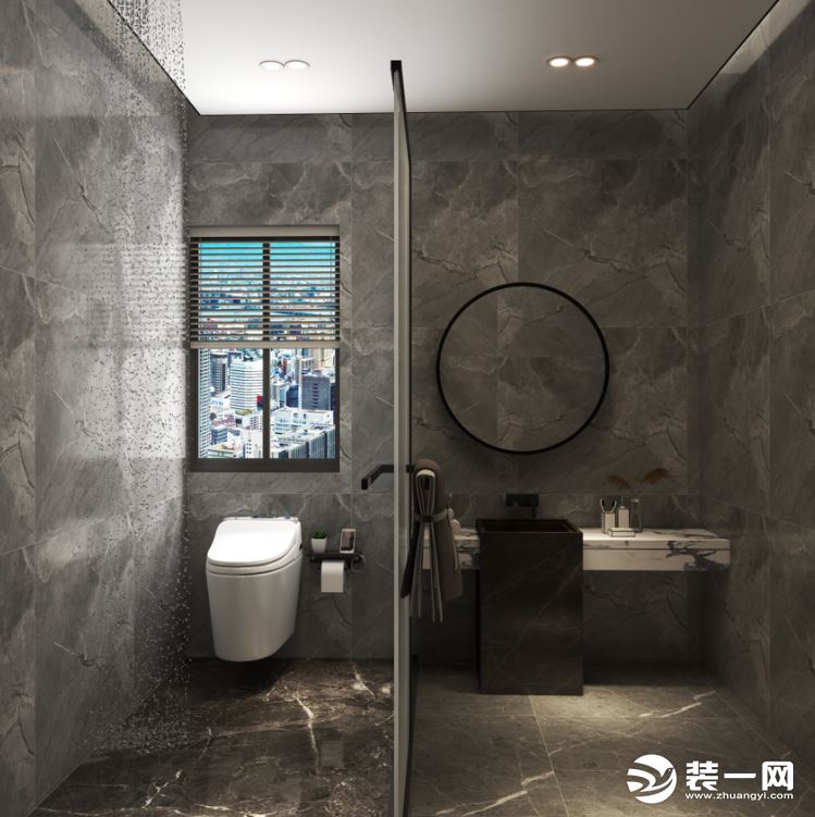 卫生间干湿分离  白色岩板大理石台面搭配圆形的洗手盆  集美观、质感、优雅于一体  低调奢华的隔断门