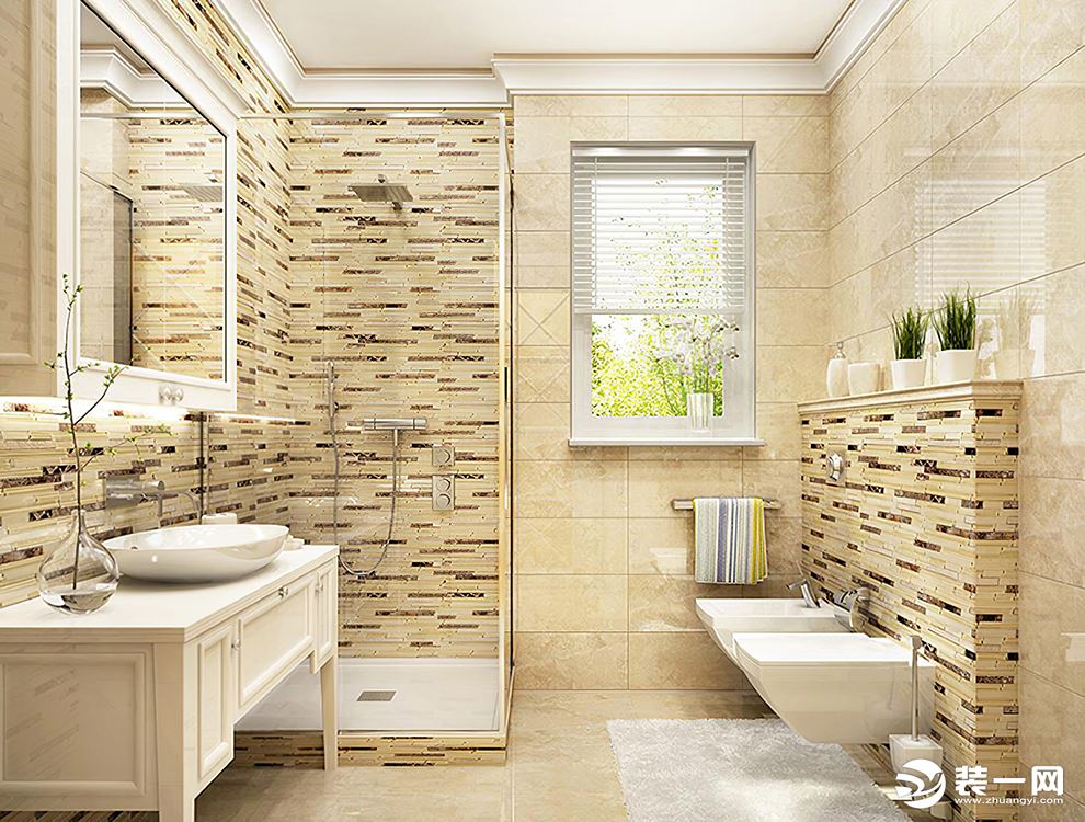 卫生间也是整个家居设计中的重点区域，整体通透的暖色调瓷砖，搭配别致的马赛克小方砖做功能分区