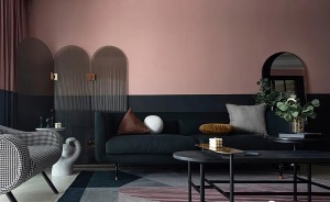 沙发左边的弧形的浅灰色屏风，和右边弧形的落地镜形成对应，增加陈列高级感