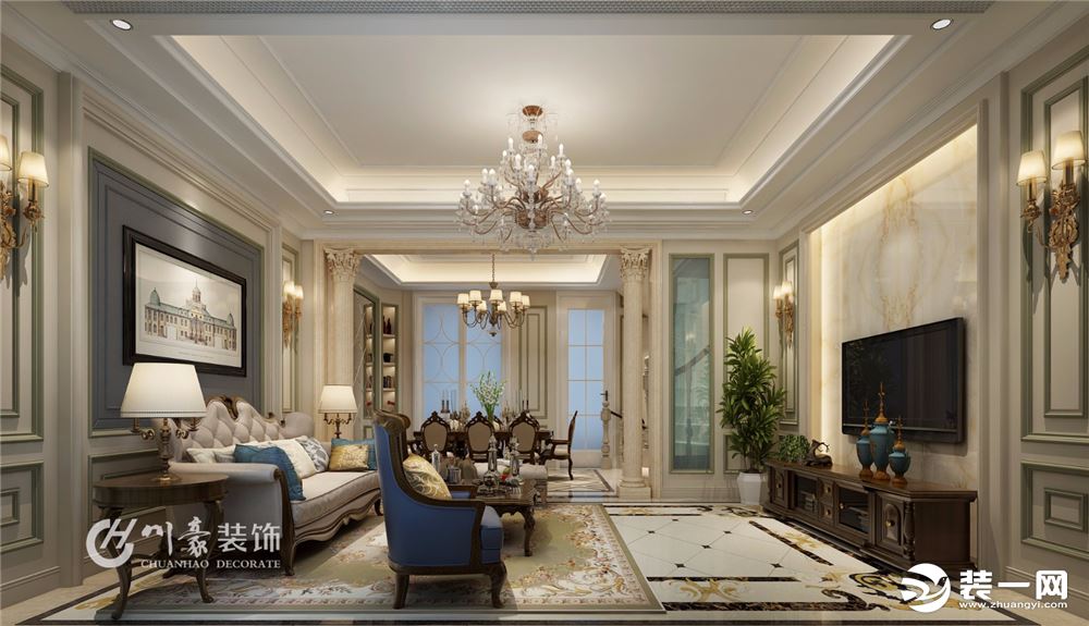 合肥川豪中海央墅368平美式风格    客厅装修案例效果图