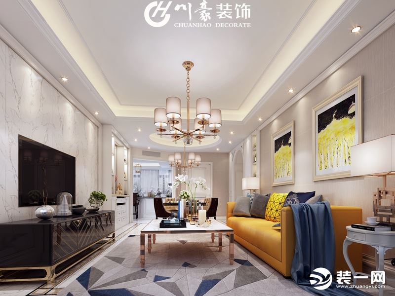 庐江分公司阳光水岸120平美式轻奢风格装修案例     客厅效果图