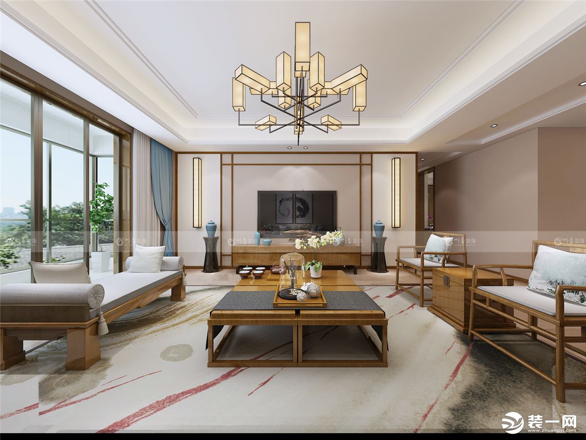 合肥川豪装饰新加坡花园城157平新中式风格装修案例    客厅效果图