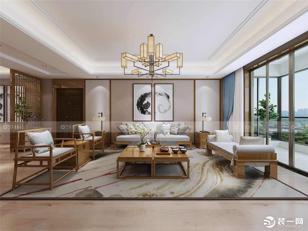 合肥川豪装饰新加坡花园城157平新中式风格装修案例    客厅效果图