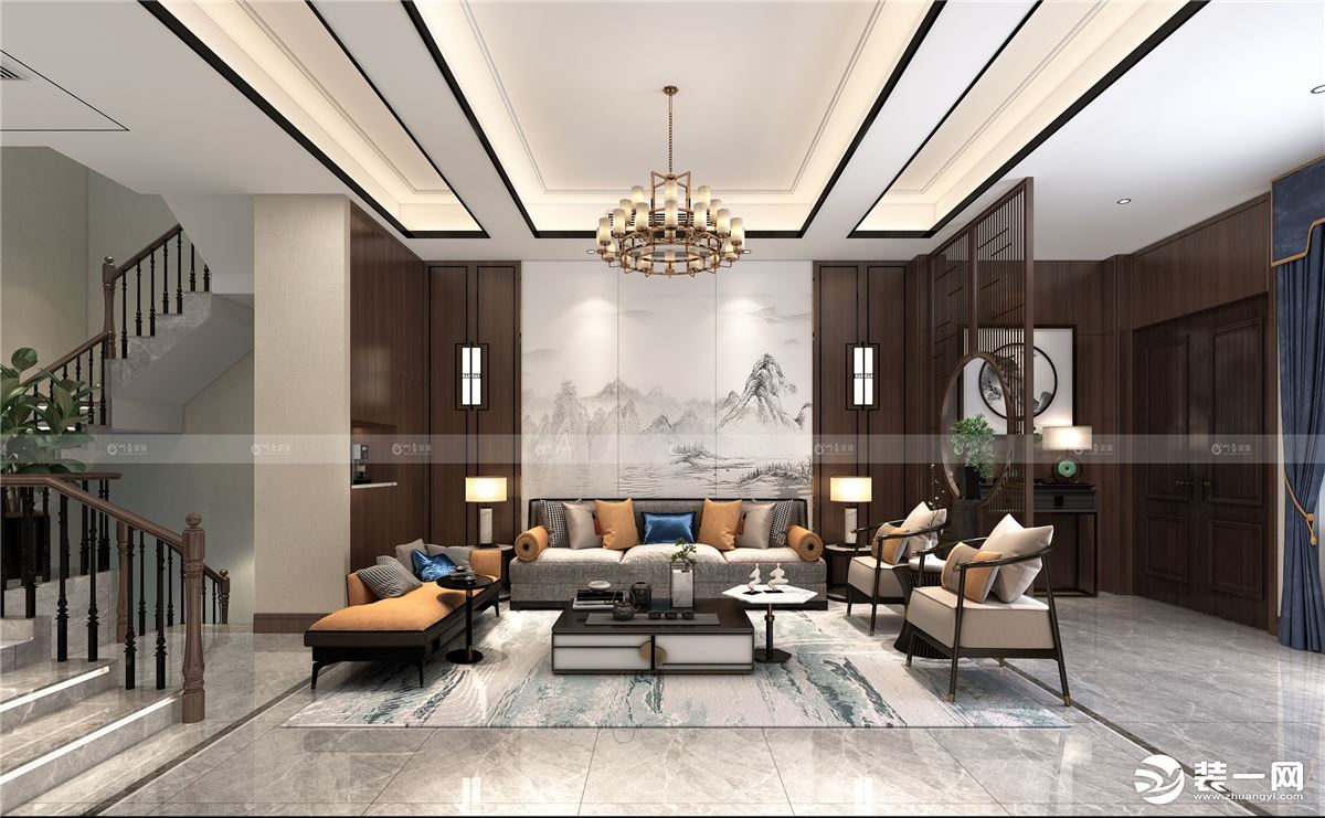 合肥川豪装饰中铁瑞园360平新中式风格装修案例      客厅效果图