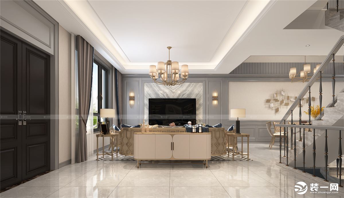合肥川豪装饰中海世家别墅现代美式风格装修案例     客厅效果图