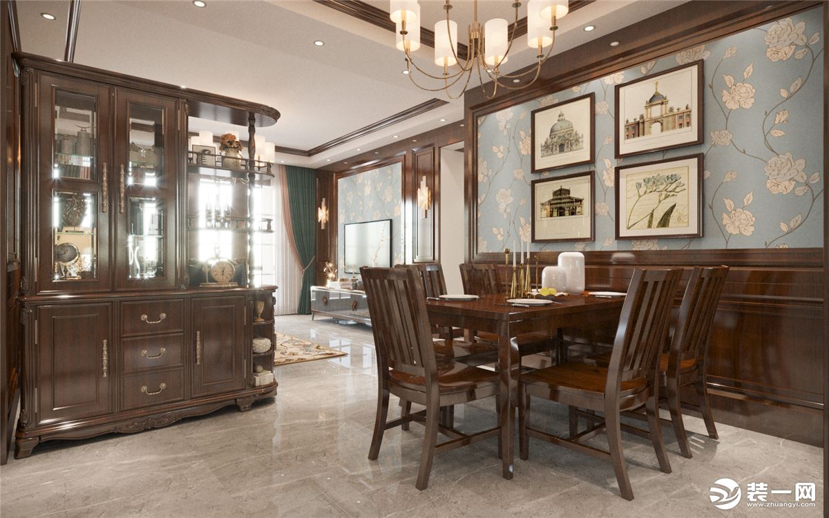 光明澜湾九里的餐厅一套奢华的胡桃木家具，质感满满