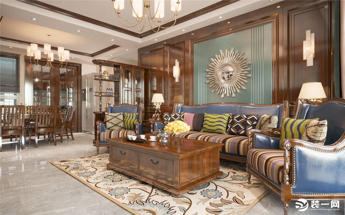 本套美式风格的设计，整个色调协调统一。棕色的胡桃木家具充满质感，一股浓浓的复古气息