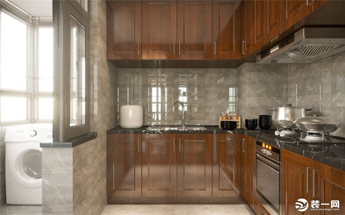美式风格的厨房，以棕色系的橱柜为主，搭配灰色的大理石瓷砖，气质奢华。