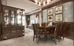 光明澜湾九里的餐厅一套奢华的胡桃木家具，质感满满