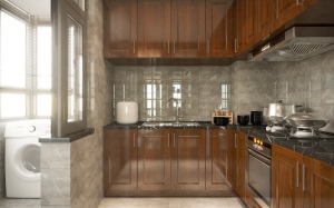 美式风格的厨房，以棕色系的橱柜为主，搭配灰色的大理石瓷砖，气质奢华。