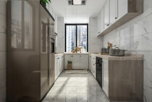 厨房采用的是U型橱柜设计，特别适合小户型厨房，把每一寸空间都合理的利用上了。