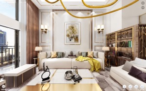 客厅主要采用米白色作为背景基调，加上金属线条勾勒轻奢感，这样精致高档的家居感一下子就营造出来了。