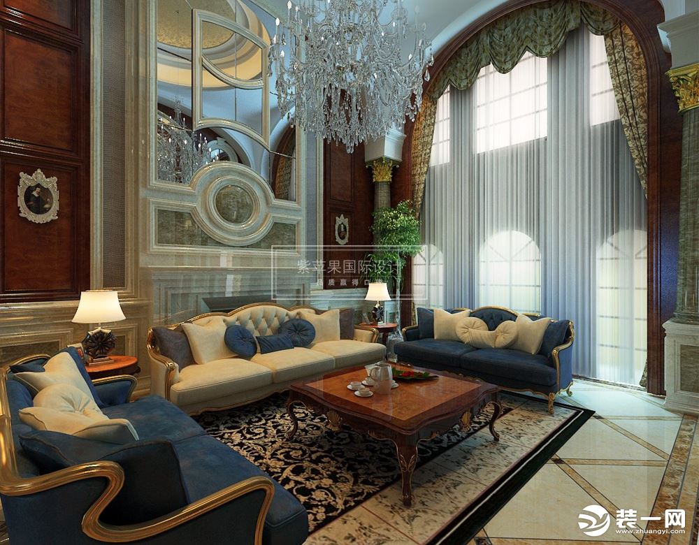 美式风格以优雅与简洁著称，客厅以蓝色为点缀，温馨而又浪漫，营造出当代最温馨雅舍的生活方式。
