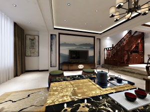 安宁秋木园别墅中式风格267㎡造价243000元客厅
