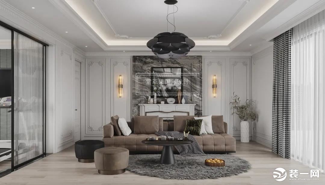 会客厅深咖色的软包沙发，一黑一咖圆形坐椅，搭配柔和的木纹地砖，为空间增加了高雅格调气息。