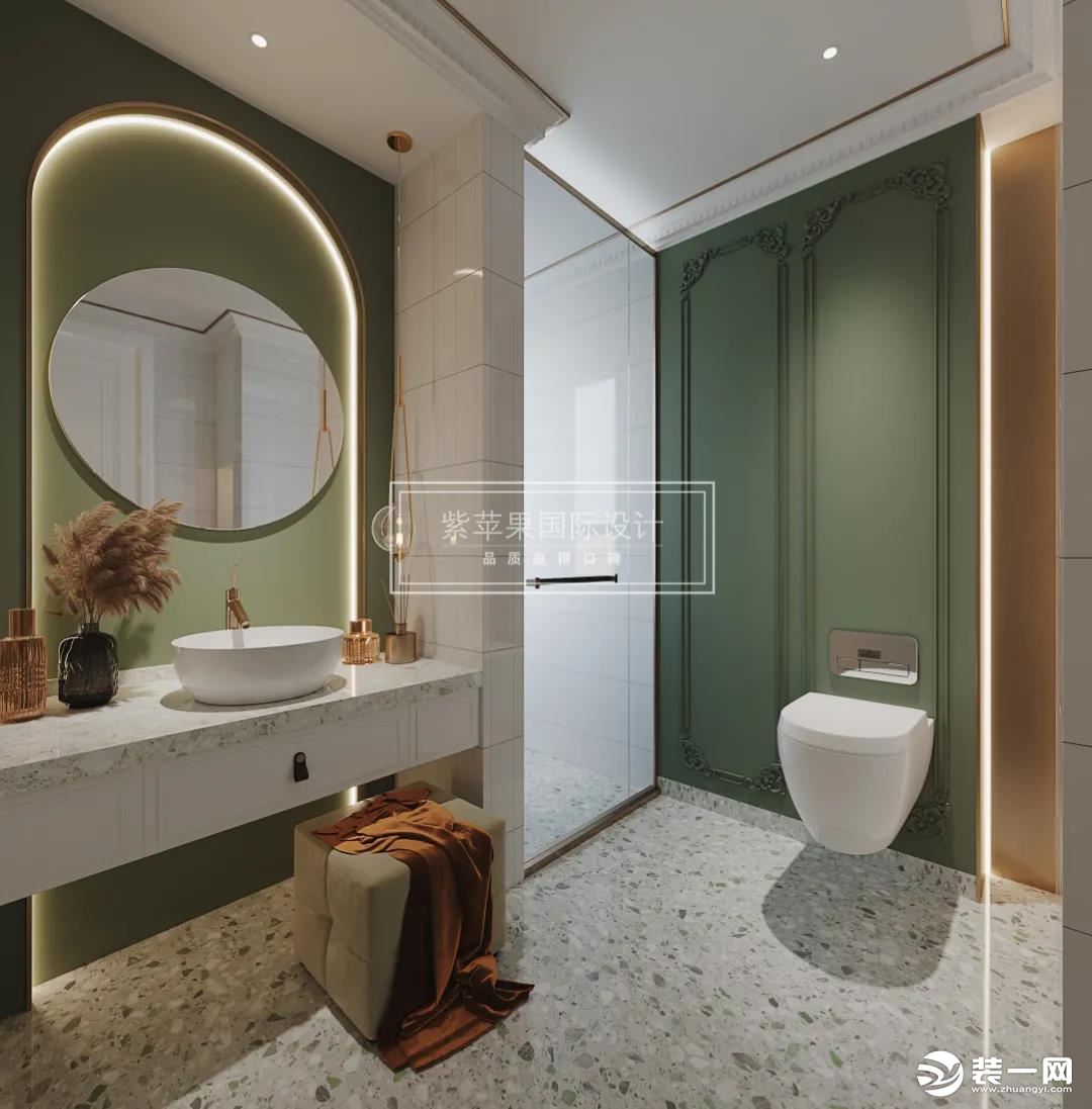 简约清新的卫生间，圆弧造型+圆形镜子内嵌灯光，形成高贵时尚的空间氛围，高级感、整洁感和层次感并存。