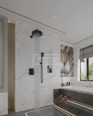 卫生间的设计是相当的奢华与时尚，地面选用了灰色大理石瓷砖，搭配墙面爵士白大理石。洗漱区采用双面盆设计