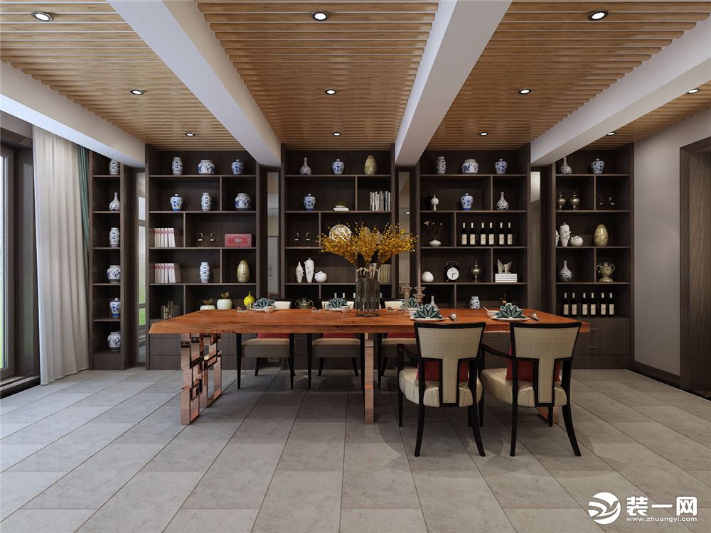 厨房和餐厅区域共享视觉空间，将展示空间呈现出最大化效果