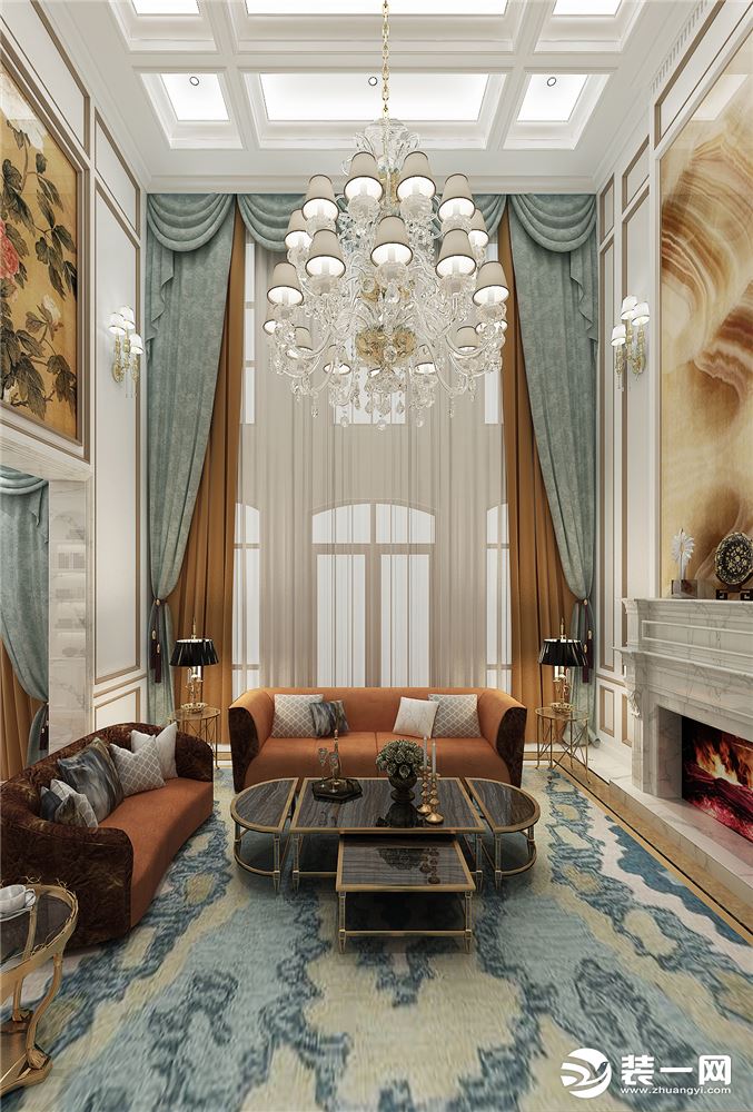客厅作为待客区域，通过简单的颜色和质朴的家具体现出来，采用白色理石材质，使墙面很显层次感；多彩的地毯