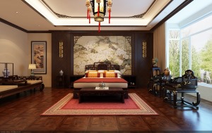 卧室家具多采用深色系，在搭配实木地板体现出传统文化中的精髓。
