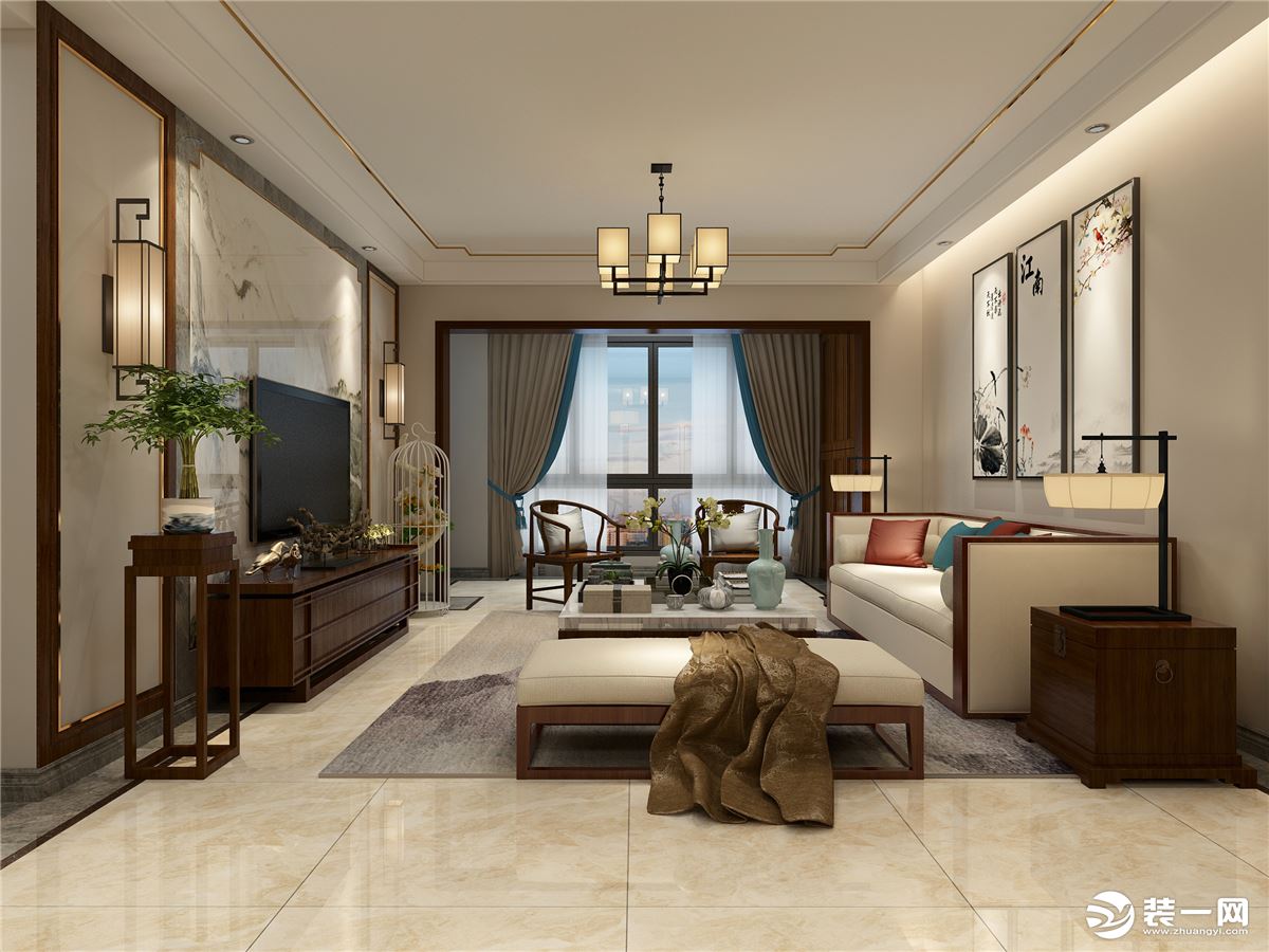 桂林星艺装饰江与城130平米现代中式风格装修效果图客厅