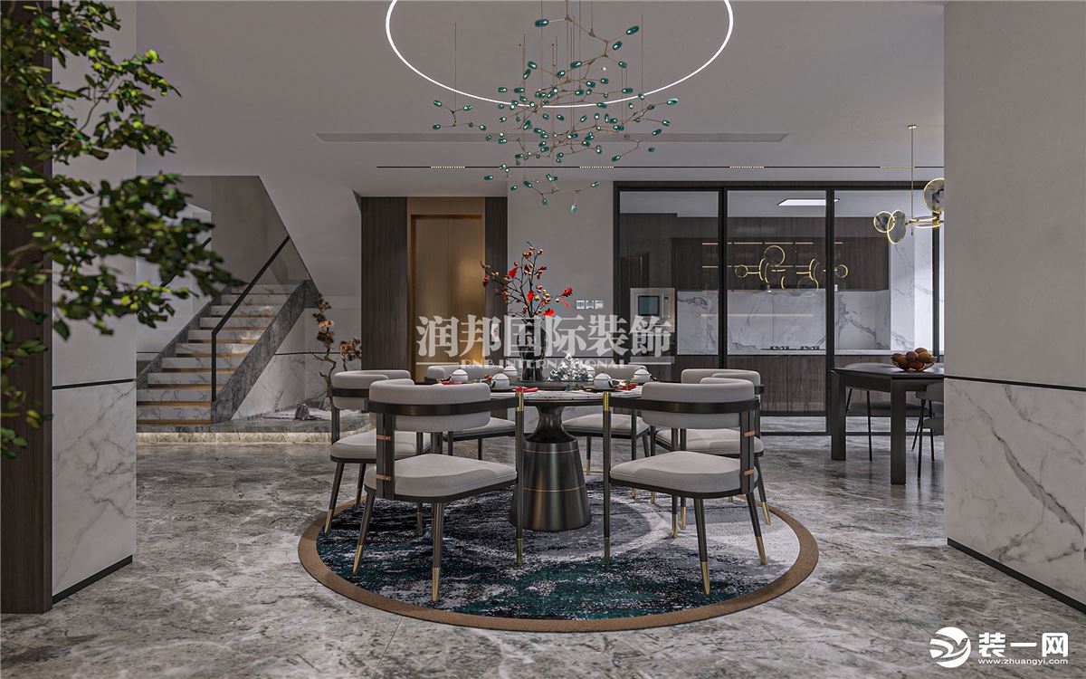 帝景天誉325平方米新中式风格联排别墅餐厅装修效果图|南京润邦国际装饰