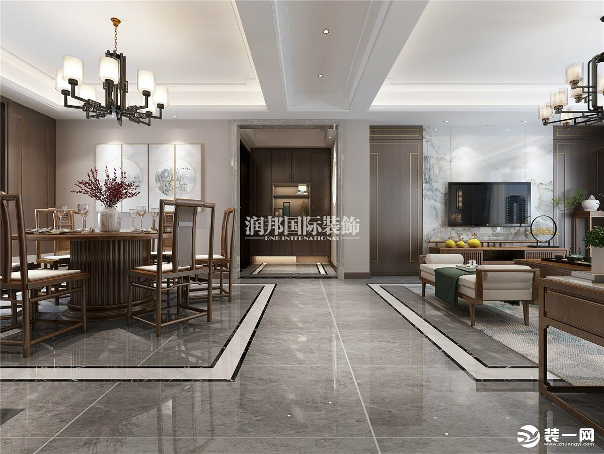 中海桃源里180平方米新中式风格四居室客厅装修效果图|南京润邦国际装饰
