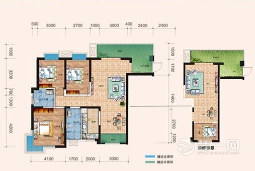 海口椰岛华庭121平方三居室简欧风格平面图