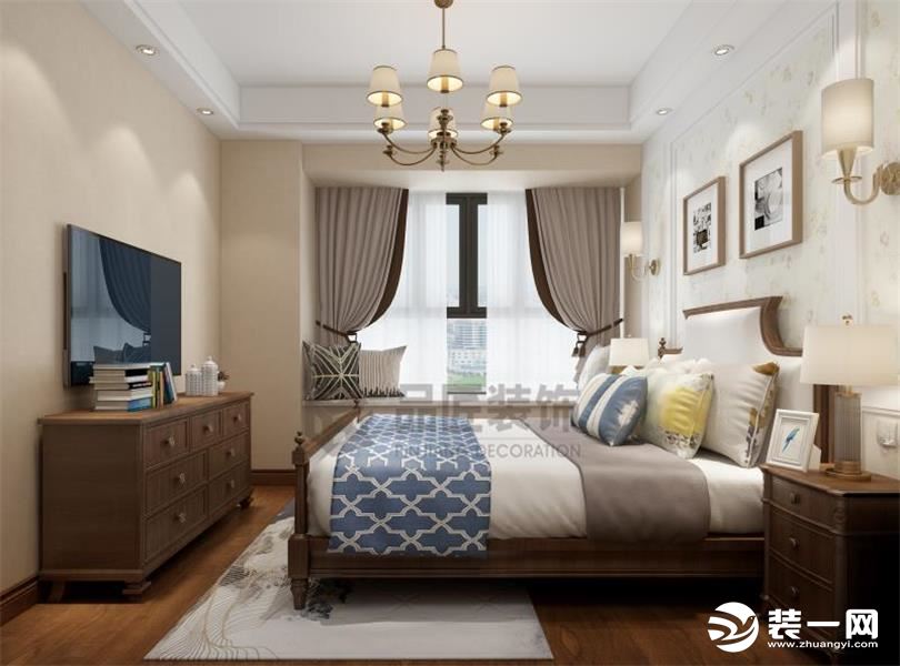 卧室海南保利中央海岸2期120平三居美式风格效果图