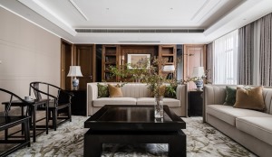 现代中式风格的客厅，整体非常通透，色彩搭配方面也是比较细腻的。
