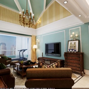 保利五月花140平三居室美式风格装修效果图客厅