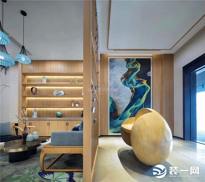万科悦湾400平方别墅现代新中式风格客厅装修效果图