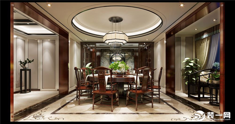 客厅是传统与现代居室风格的碰撞，设计师以现代的装饰手法和家具，结合古典中式的装饰元素，来呈现亦古亦今
