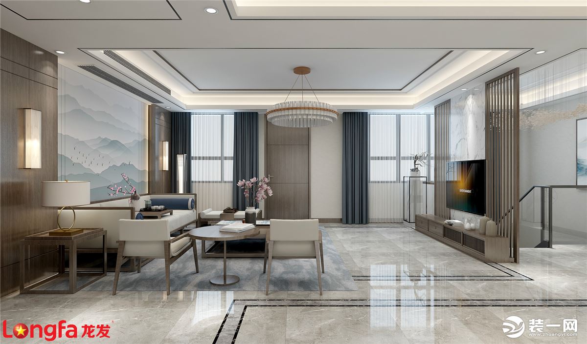 鲁能泰山七号院350平方现代中式风格 | 南京龙发装饰 |客厅装修效果图