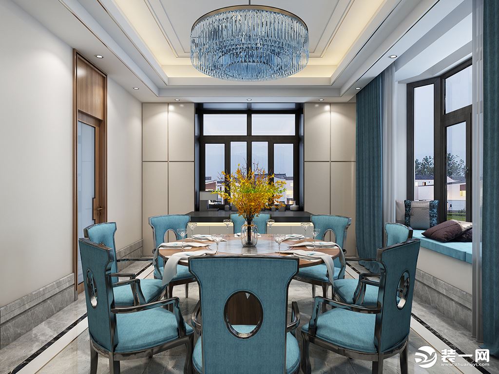 餐厅以蓝色作为家具的主色调，营造温婉舒适的氛围。