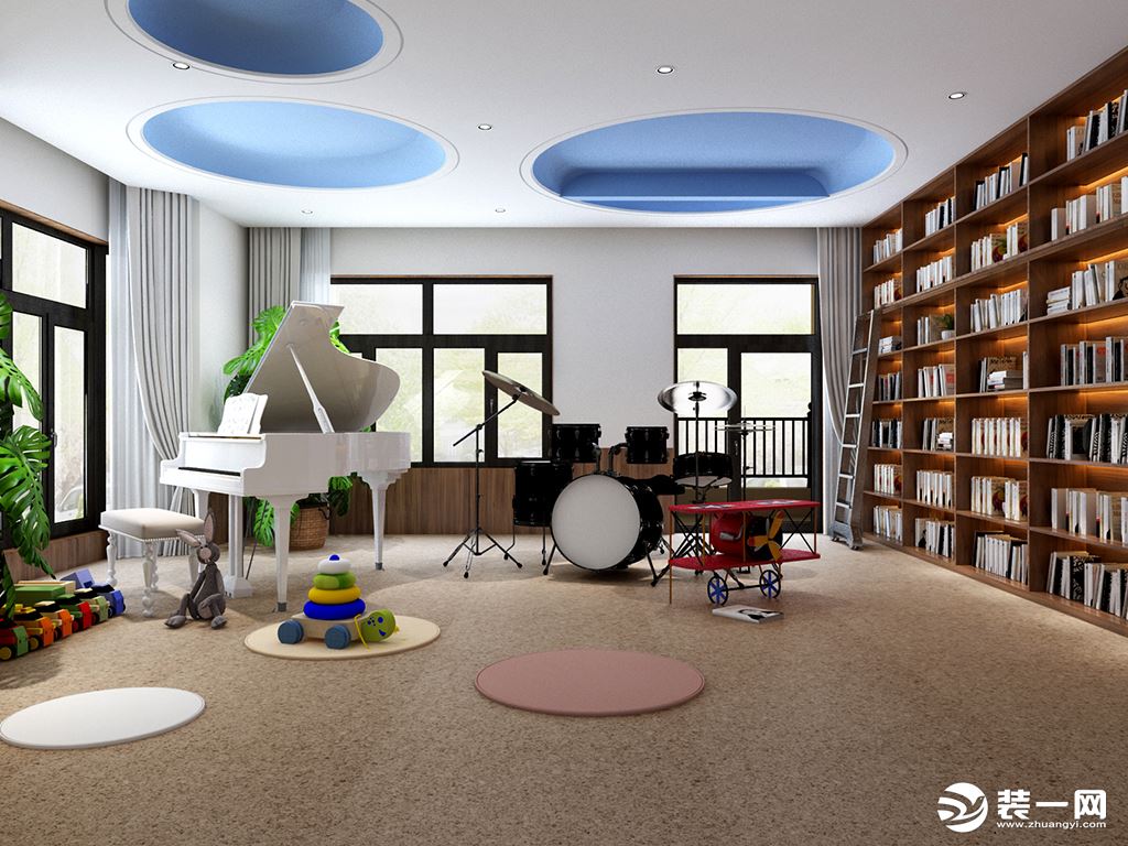 这里是二层多功能厅，可供儿童玩耍，打架子鼓，阅读和学习，通过天花的圆形曲线设计让空间自然分隔