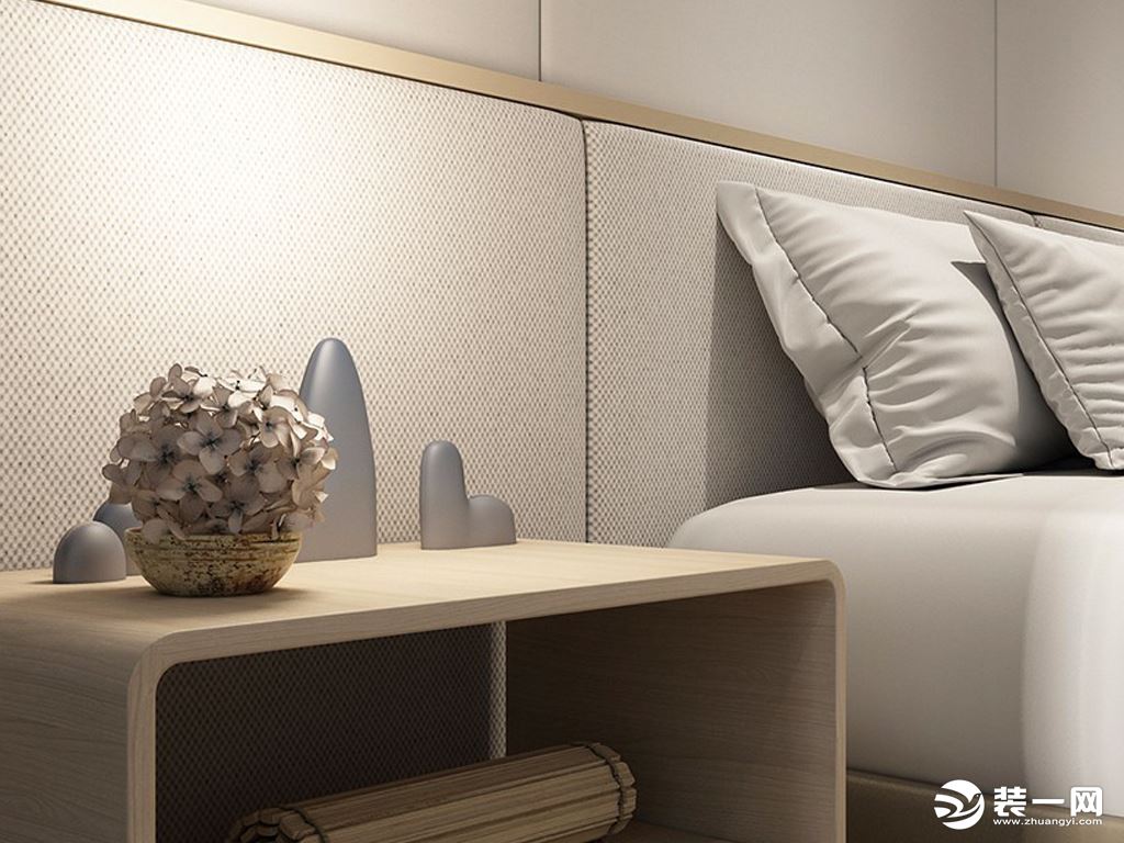 采用原木地板，米色麻质软包背景墙，打造高品质的休息空间。