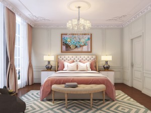 三层主卧色彩定位充满温馨浪漫气息的卧室空间，以柔和色调的暖灰和珊瑚粉的组合，搭配珊瑚粉色平开窗帘