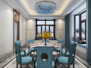餐厅以蓝色作为家具的主色调，营造温婉舒适的氛围。