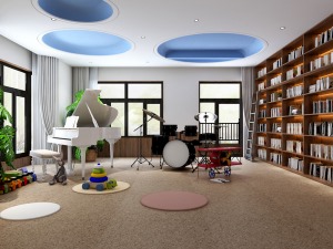这里是二层多功能厅，可供儿童玩耍，打架子鼓，阅读和学习，通过天花的圆形曲线设计让空间自然分隔