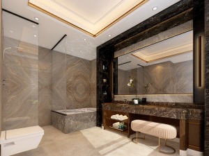 大理石的装饰设计以及金属的设计让卫生间显得十分轻奢，黄色的地板以及墙壁设计