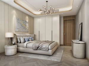 金属元素的搭配设计让卧室空间显得更加的轻奢时尚，单腿的边几和沙发满足了空间的功能性。
