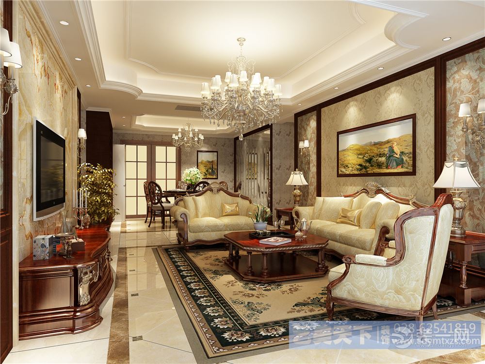 客厅；大气的吊顶配合柔和的实木装饰，再搭配温馨的墙纸，奢华尽显