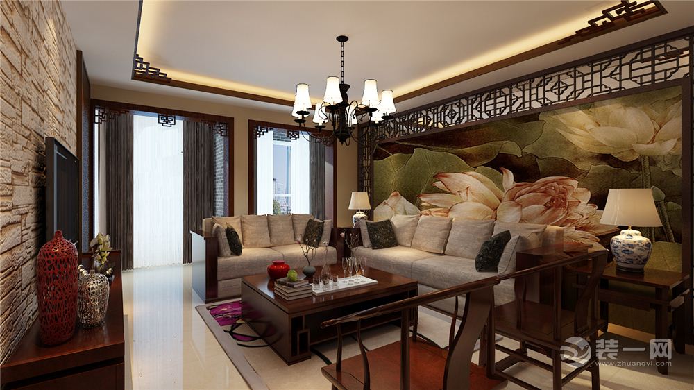 广州盈创水悦轩107平米三居室中式风格沙发背景墙效果图