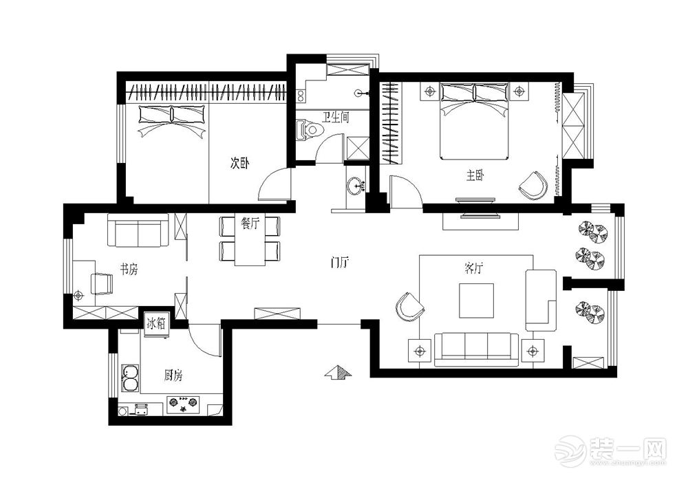 广州盈创水悦轩107平米三居室中式风格CAD平面布置图