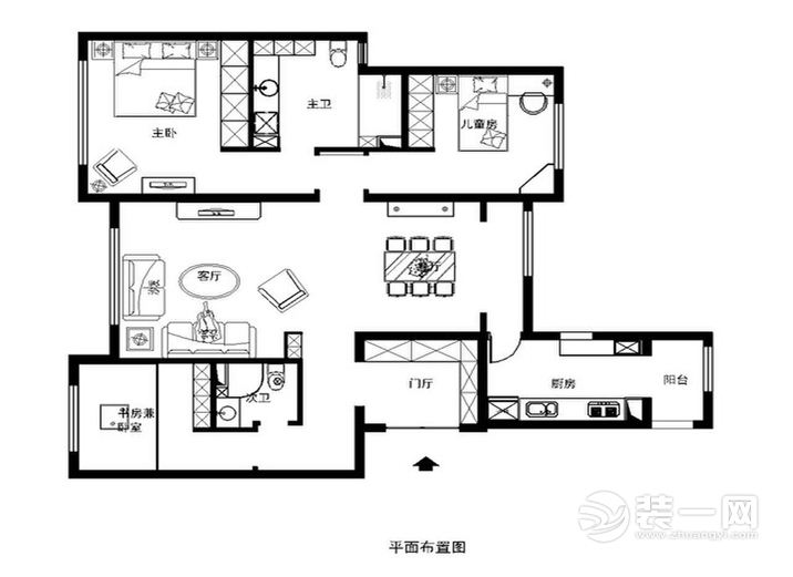 广州盈创水悦轩107平米三居室欧式风格平面布置图