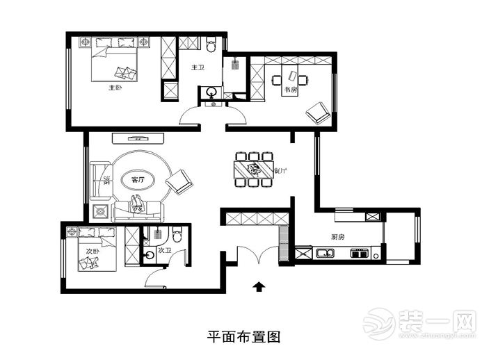 广州金地公园上城129平米三居室新古典风格平面布置图效果图