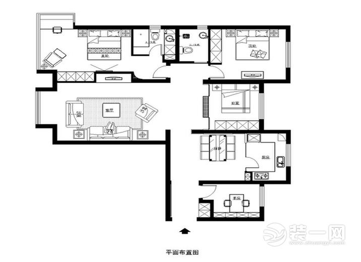 广州御景壹号130平米三居室中式风格平面布置图