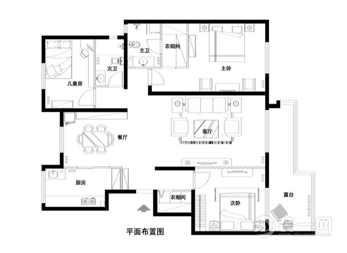 广州越秀?可逸江畔135平米三居室中式风格平面布置图